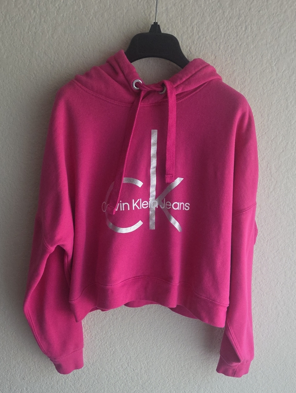 Calvin Klein Jeans Hot Pink Cropped Hoodie with Silver Logo